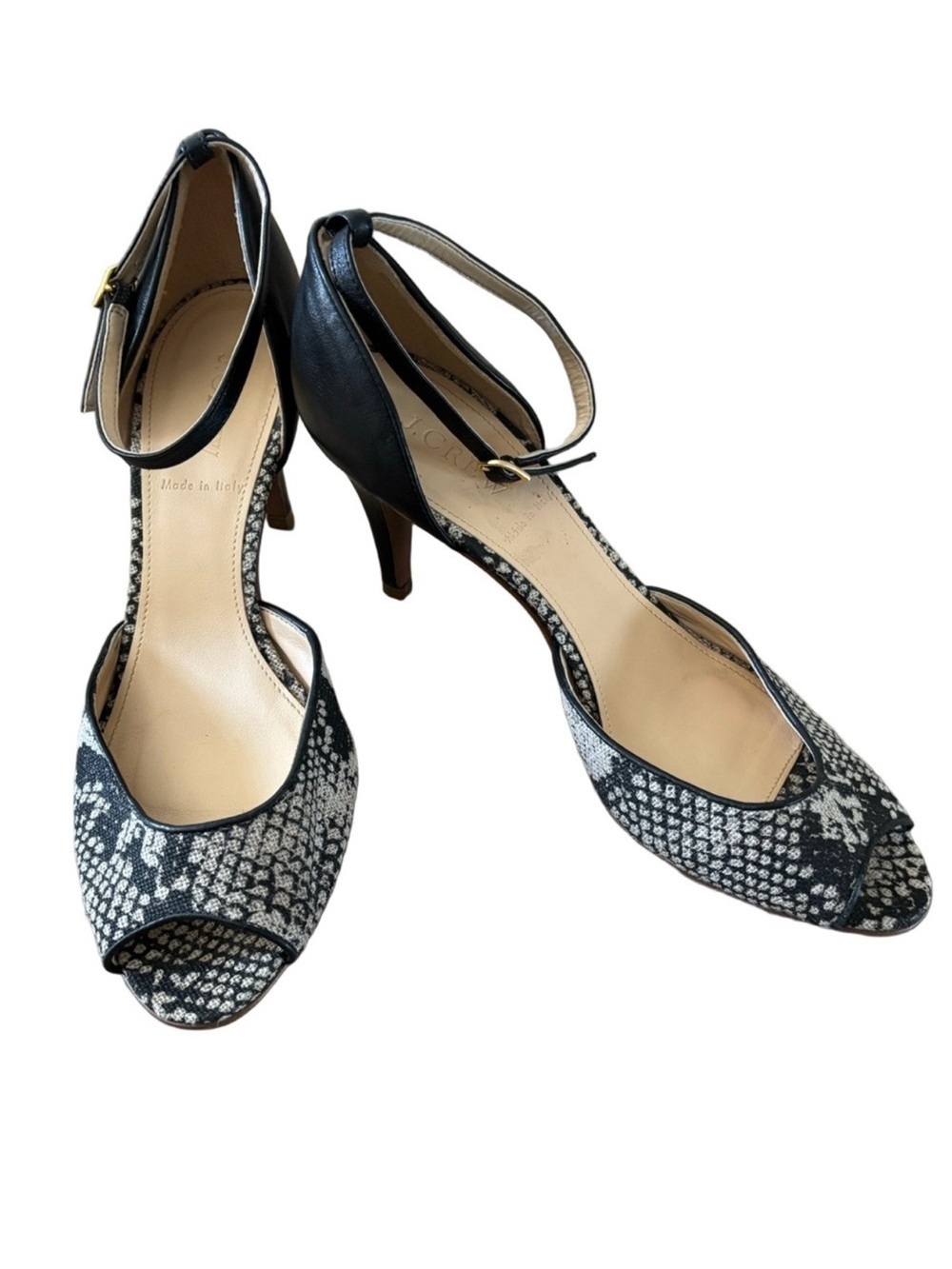 J. Crew fabric snake skin Black and Tan Heels 3” heel sling back ankle strap